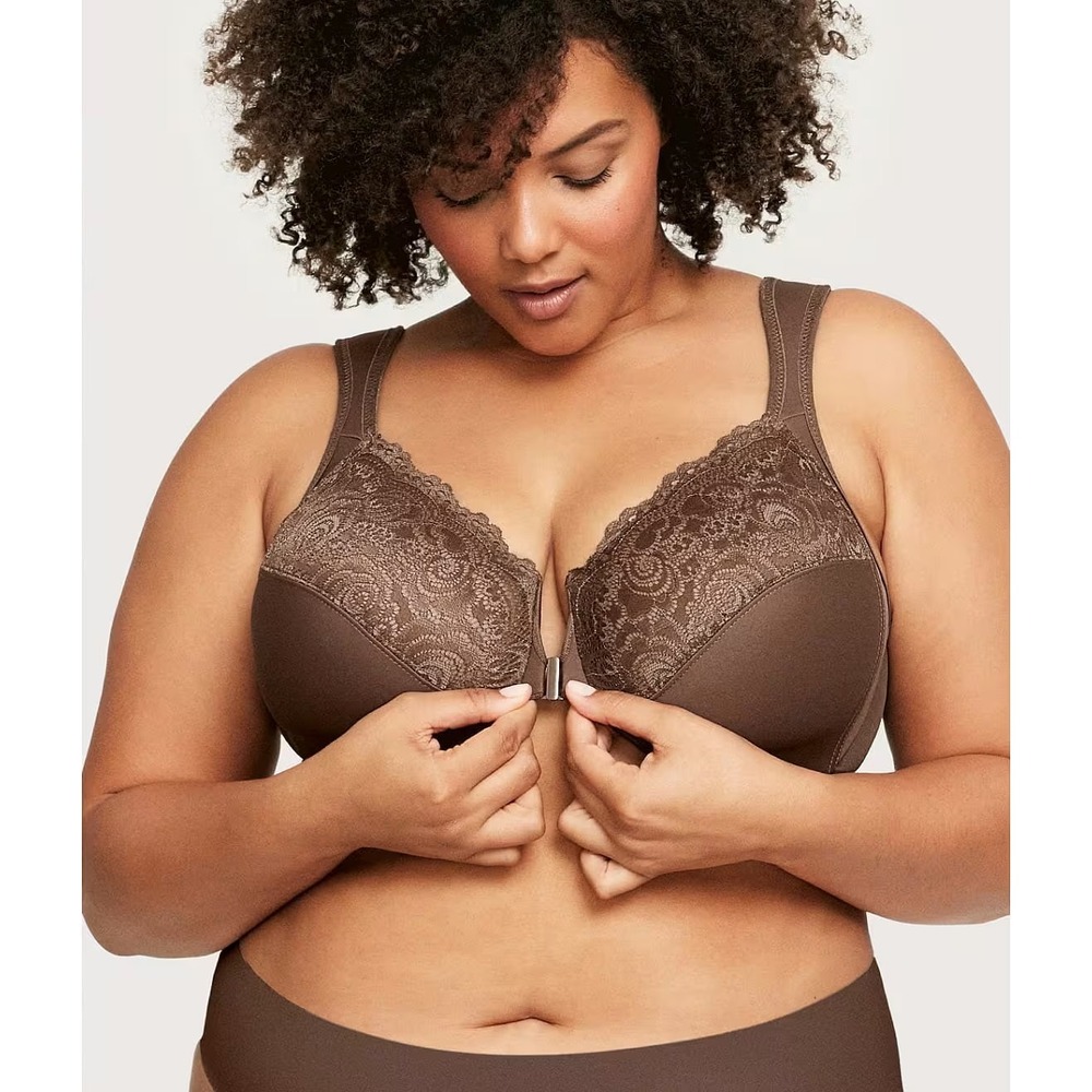 Glamorise‎ 1245 Lace Wonderwire Front Closure Bra Brown Women Size 48C